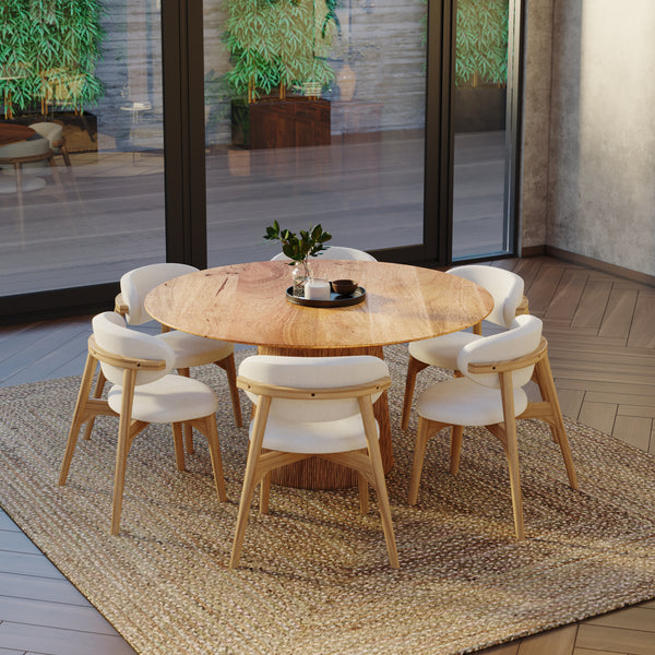 150cm Round Solid Wood Table with Fluted Base and 6 Okra Cream Cotton Chairs.