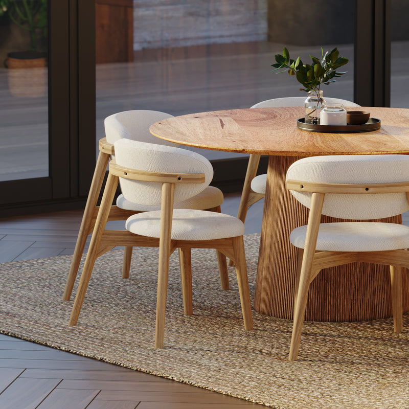 150cm Round Solid Wood Table with Fluted Base and 6 Okra Cream Cotton Chairs.