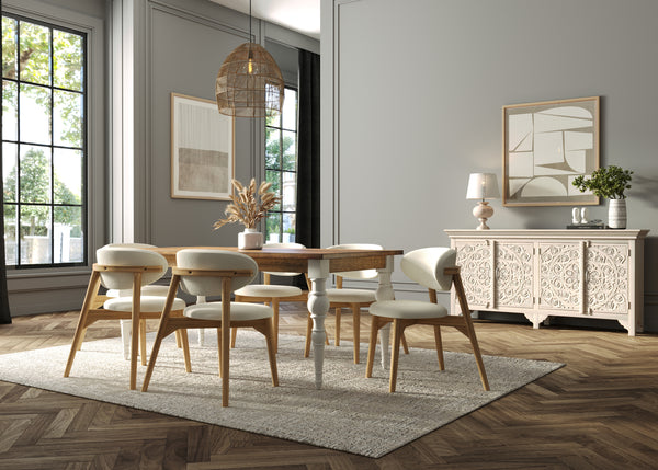 180cm Rectangle Solid Wood Table and Ornate White Legs with 6 Okra Cream Cotton Chairs.