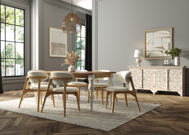 180cm Rectangle Solid Wood Table and Ornate White Legs with 6 Okra Cream Cotton Chairs.