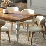 180cm Rectangle Solid Wood Table and Ornate White Legs with 6 Okra Cream Cotton Chairs.