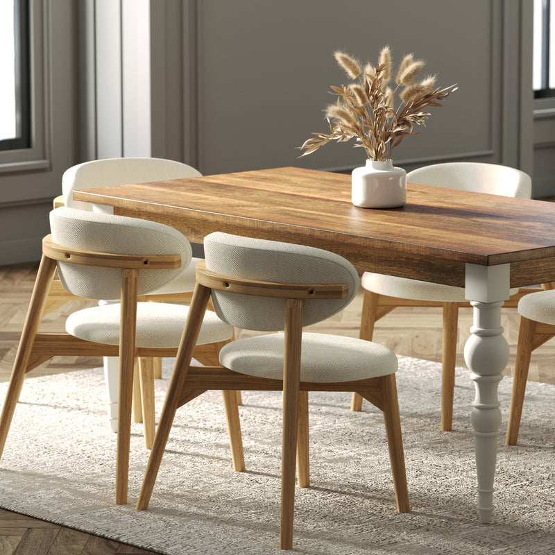 180cm Rectangle Solid Wood Table and Ornate White Legs with 6 Okra Cream Cotton Chairs.