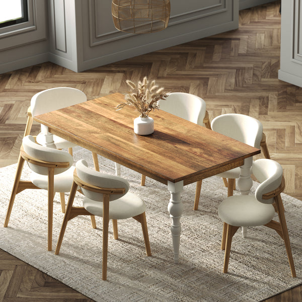 180cm Rectangle Solid Wood Table and Ornate White Legs with 6 Okra Cream Cotton Chairs.