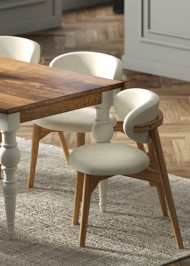180cm Rectangle Solid Wood Table and Ornate White Legs with 6 Okra Cream Cotton Chairs.
