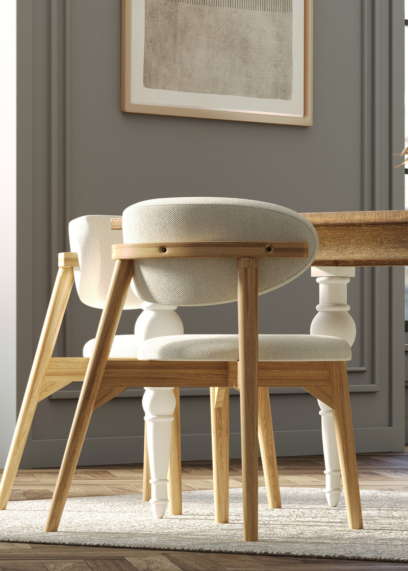 180cm Rectangle Solid Wood Table and Ornate White Legs with 6 Okra Cream Cotton Chairs.