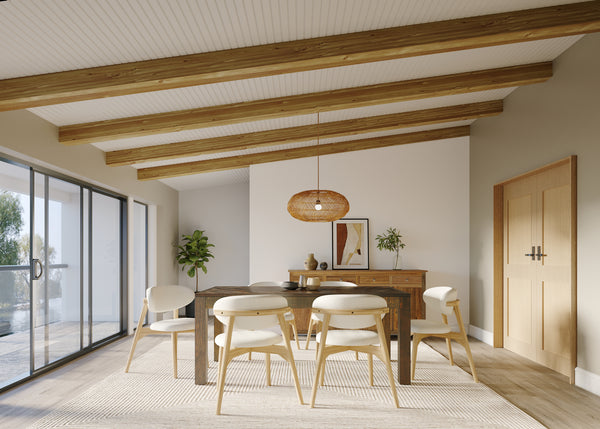 Rectangle Reclaimed Teak Table and 6 Okra Cream Cotton Chairs.