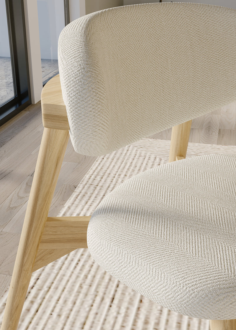 210cm Oval Solid Wood Table with Fluted Base and 4 Okra Cream Cotton Chairs.