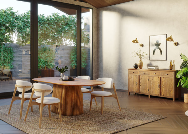 210cm Oval Solid Wood Table with Fluted Base and 4 Okra Cream Cotton Chairs.