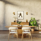 210cm Oval Solid Wood Table with Fluted Base and 4 Okra Cream Cotton Chairs.