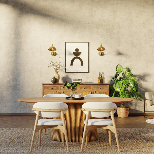 210cm Oval Solid Wood Table with Fluted Base and 4 Okra Cream Cotton Chairs.