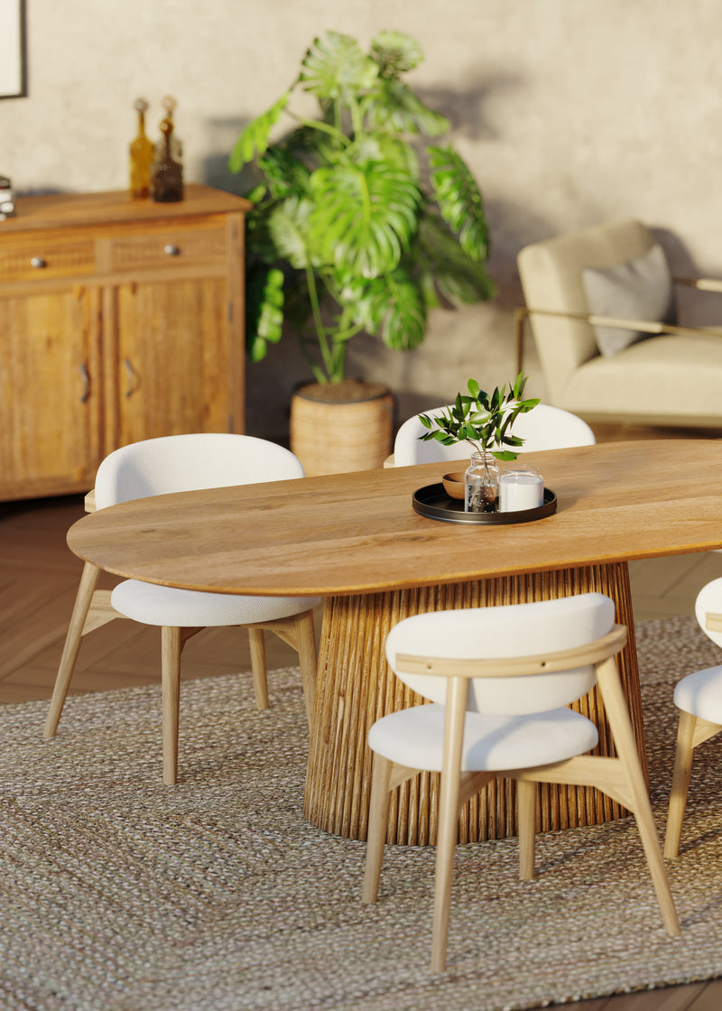210cm Oval Solid Wood Table with Fluted Base and 4 Okra Cream Cotton Chairs.