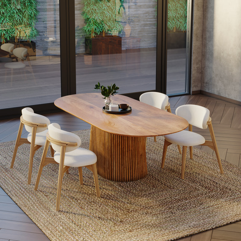 210cm Oval Solid Wood Table with Fluted Base and 4 Okra Cream Cotton Chairs.