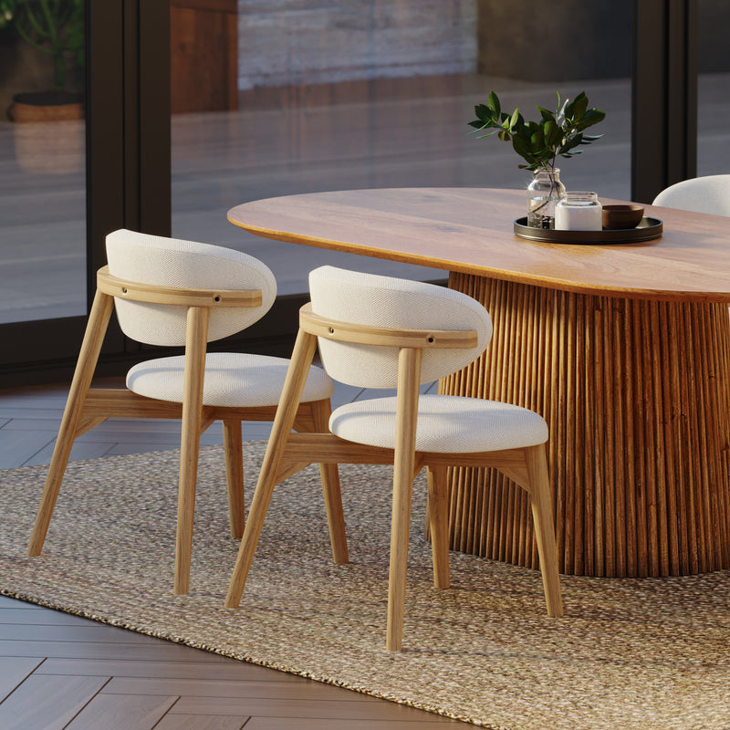 210cm Oval Solid Wood Table with Fluted Base and 4 Okra Cream Cotton Chairs.