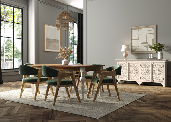 180cm Rectangle Solid Wood Table and Ornate White Legs with 6 Marquess Green Velour Chairs.
