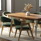 180cm Rectangle Solid Wood Table and Ornate White Legs with 6 Marquess Green Velour Chairs.