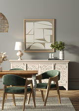 180cm Rectangle Solid Wood Table and Ornate White Legs with 6 Marquess Green Velour Chairs.