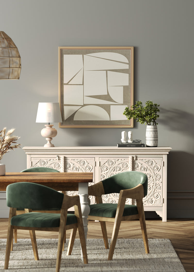 180cm Rectangle Solid Wood Table and Ornate White Legs with 6 Marquess Green Velour Chairs.