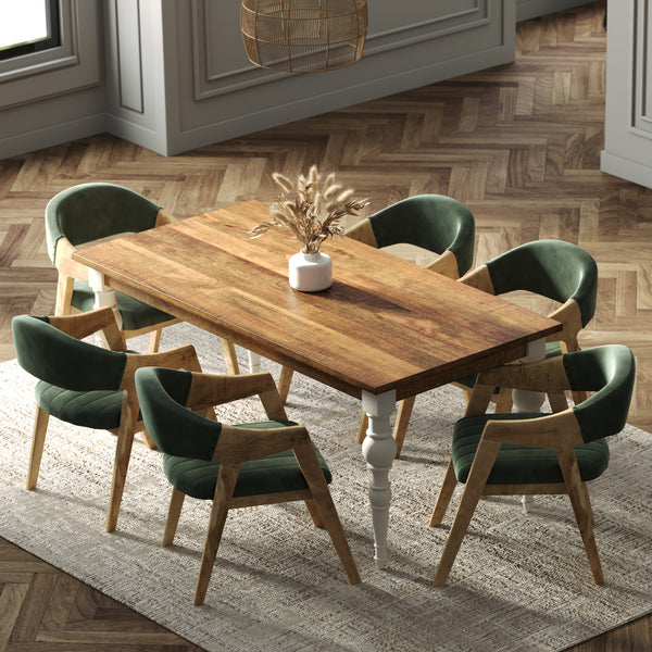 180cm Rectangle Solid Wood Table and Ornate White Legs with 6 Marquess Green Velour Chairs.