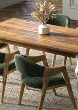 180cm Rectangle Solid Wood Table and Ornate White Legs with 6 Marquess Green Velour Chairs.