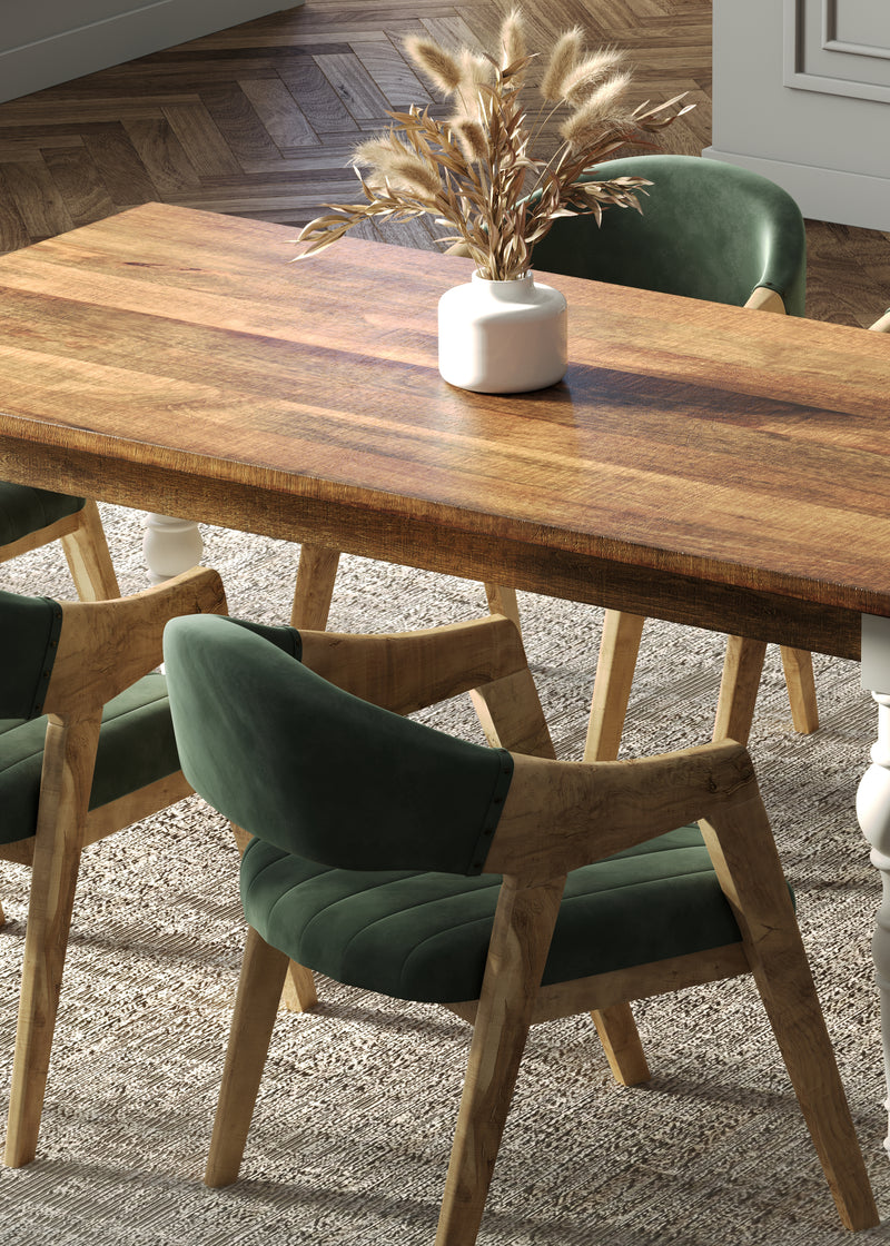 180cm Rectangle Solid Wood Table and Ornate White Legs with 6 Marquess Green Velour Chairs.