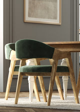 180cm Rectangle Solid Wood Table and Ornate White Legs with 6 Marquess Green Velour Chairs.