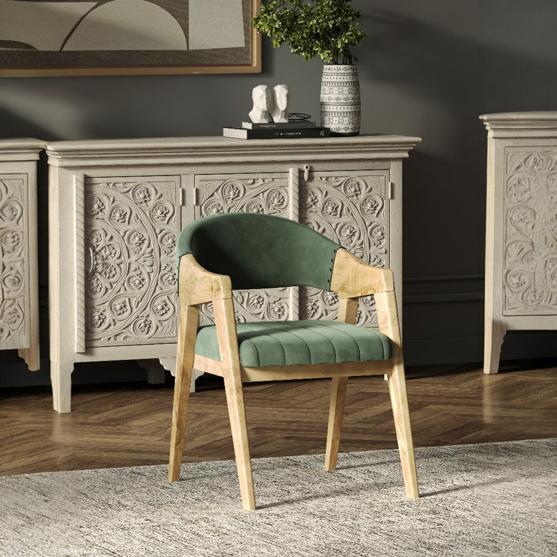 210cm Oval Solid Wood Table with Fluted Base and 4 Marquess Green Velour Chairs.