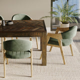 Rectangle Reclaimed Teak Table and 6 Marquess Green Velour Chairs.