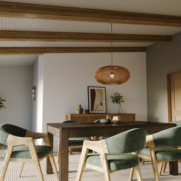 Rectangle Reclaimed Teak Table and 6 Marquess Green Velour Chairs.