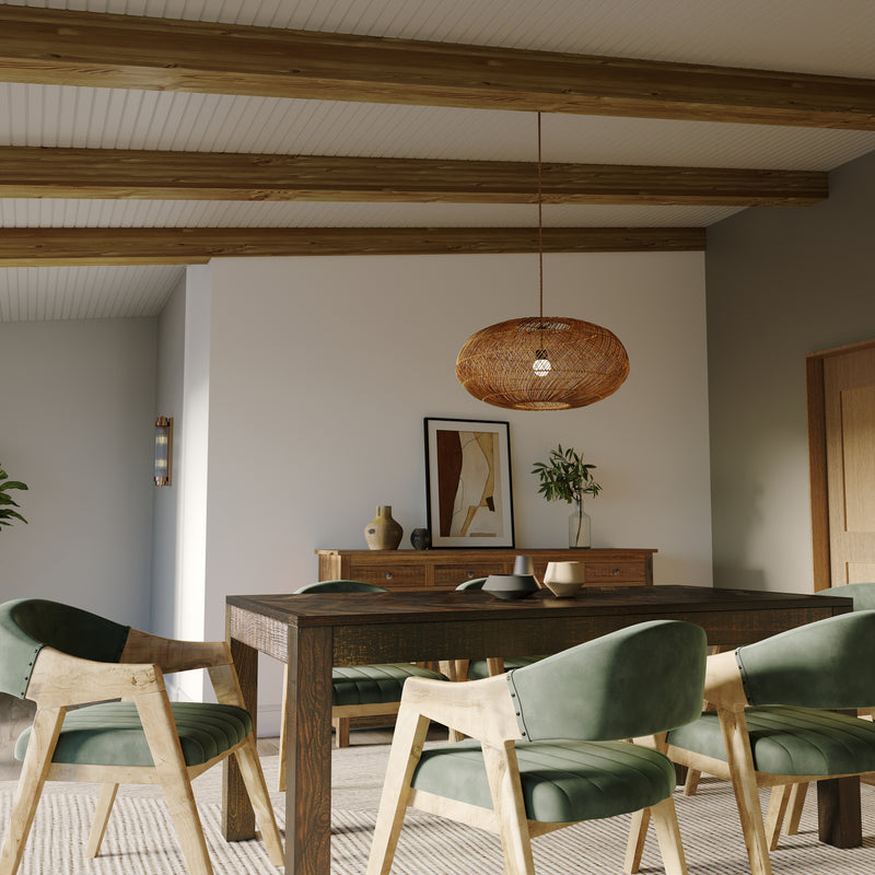 Rectangle Reclaimed Teak Table and 6 Marquess Green Velour Chairs.
