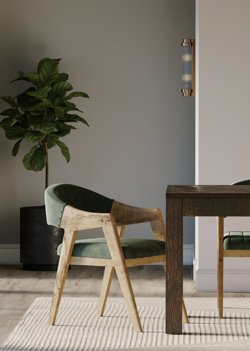 Rectangle Reclaimed Teak Table and 6 Marquess Green Velour Chairs.
