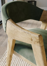 Rectangle Reclaimed Teak Table and 6 Marquess Green Velour Chairs.