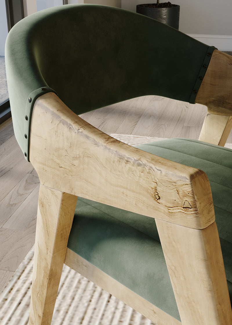 Rectangle Reclaimed Teak Table and 6 Marquess Green Velour Chairs.