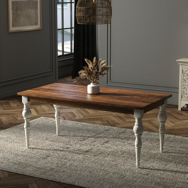 Solid Wood Rectangle Dining Table, Light brown, Ornate White Legs 180cm