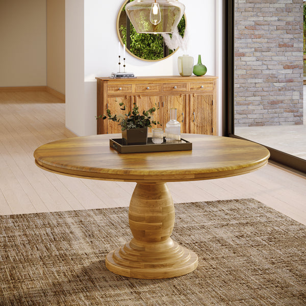 Solid Wood Round 150cm Dining Table with Ornate Base
