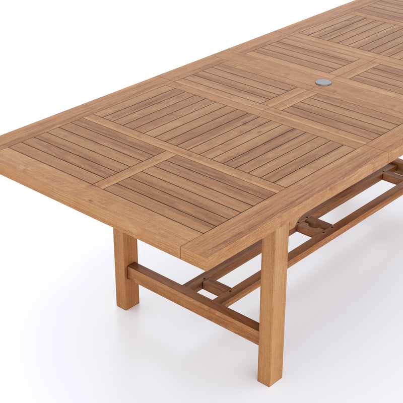 Teak Garden Furniture 180-240cm Rectangle Extending Table 4cm Top (with 8 Warwick Chairs) Cushions included.