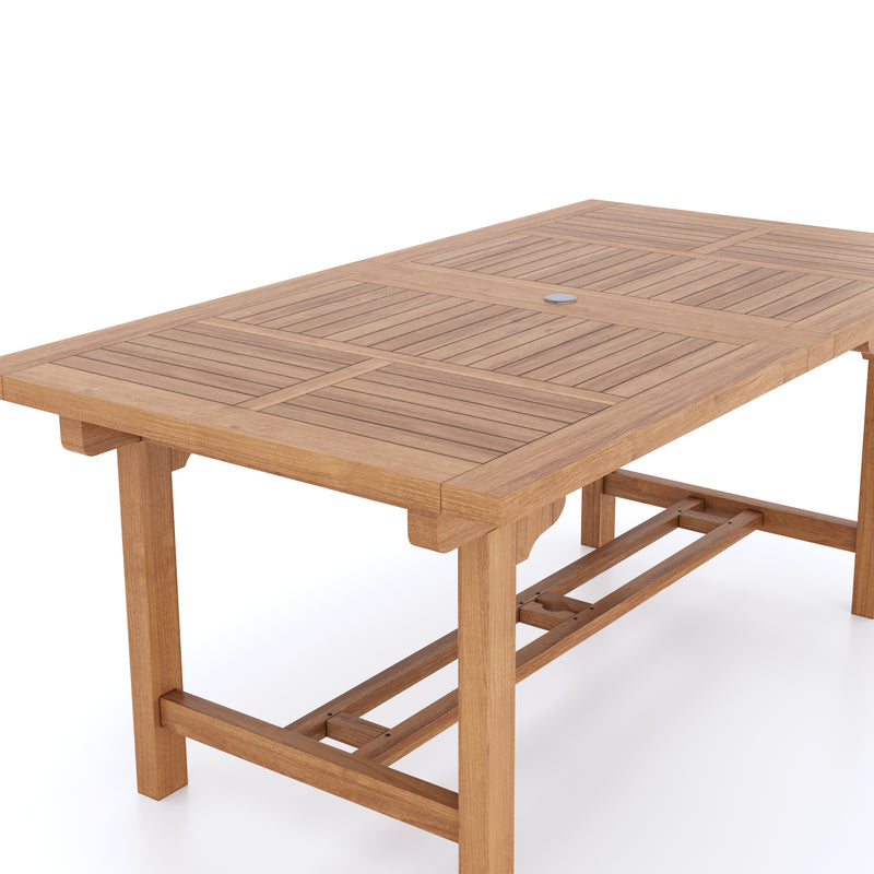 Teak Garden Furniture Rectangle 180-240cm Extending Table 4cm Top (8 Stacking Chairs) Cushions included.