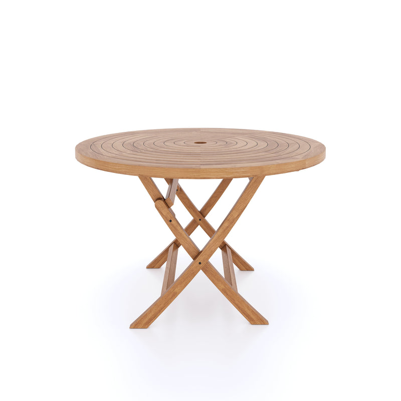 CLEARANCE Teak Garden Furniture Set 120cm Spiral Round Folding Table, 4cm Top (4 x Stacking Chairs) Cushions included.