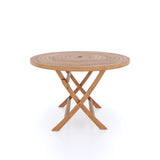 7-Day Delivery - Teak Garden Furniture Set 120cm Spiral Round Folding Table, 4cm Top (4 x Stacking Chairs) Cushions included.