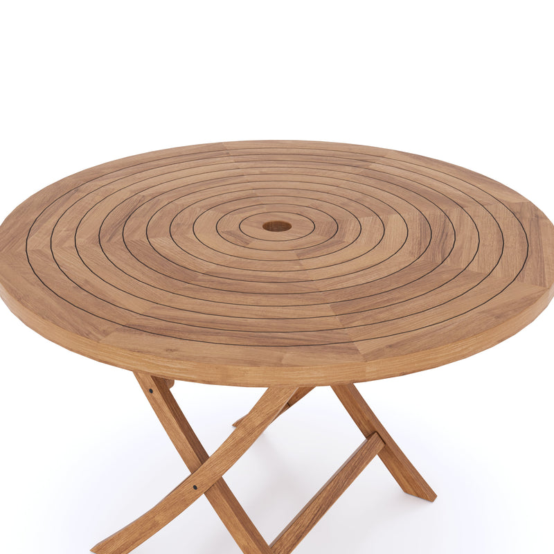 Teak Set 120cm Spiral Round Folding Table, 4cm Top (4 x Oxford Stacking Chairs) Cushions included.