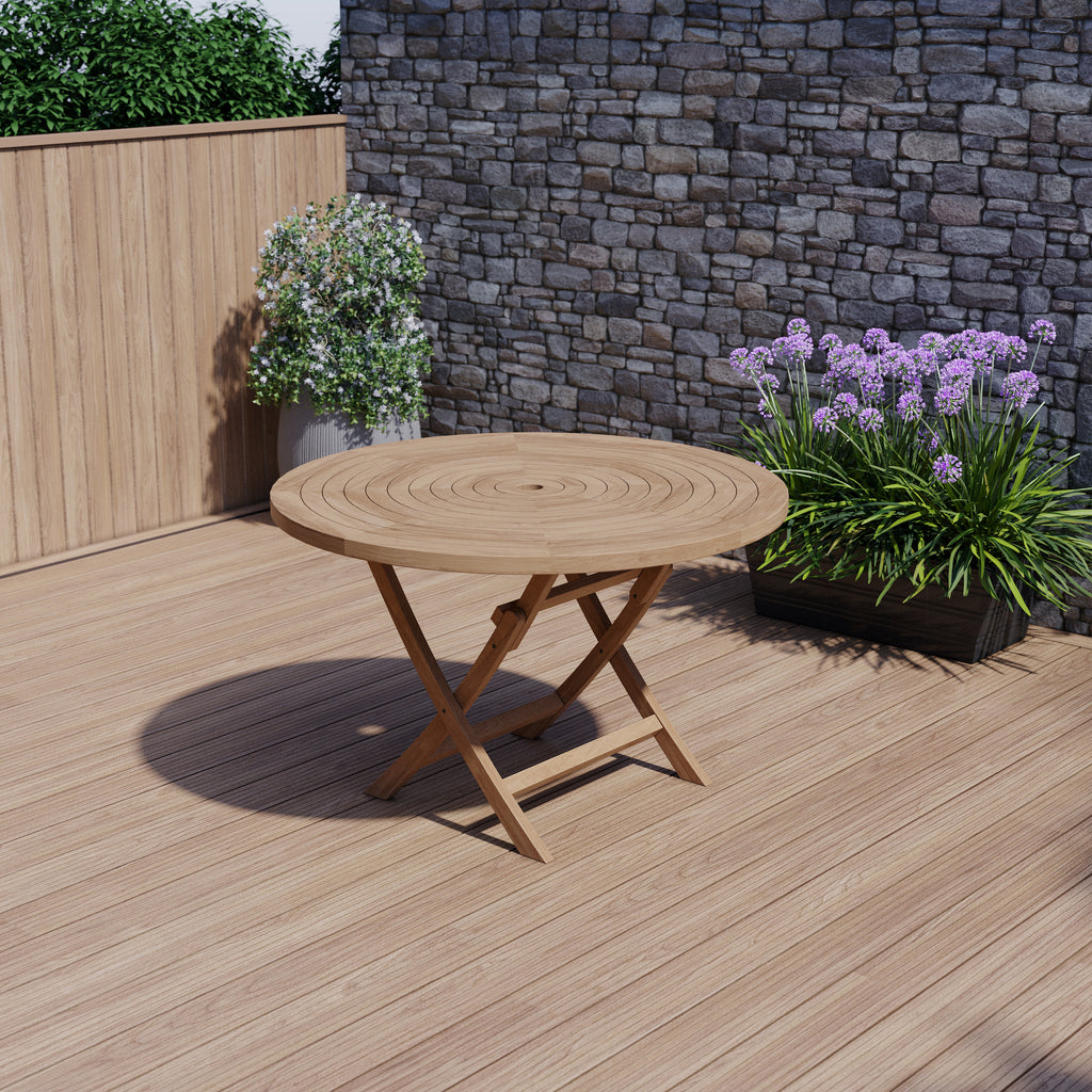 Teak Garden Furniture Spiral 120cm Round Folding Table 4cm