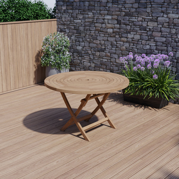 Teak Garden Furniture Spiral 120cm Round Folding Table 4cm Top.