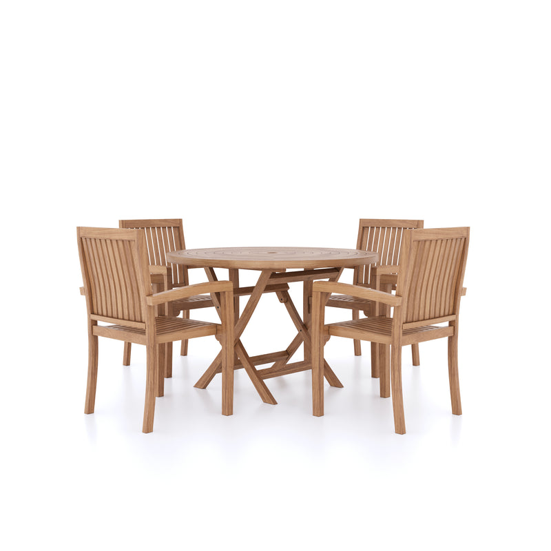 Teak Garden Furniture Set 120cm Spiral Round Folding Table 4cm Top (4 Henley Stacking Chairs) Cushions included