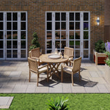 Teak Garden Furniture Set 120cm Spiral Round Folding Table 4cm Top (4 Henley Stacking Chairs) Cushions included