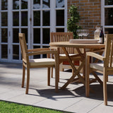 Teak Garden Furniture Set 120cm Spiral Round Folding Table 4cm Top (4 Henley Stacking Chairs) Cushions included