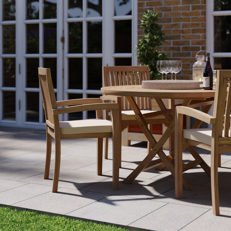 Teak Garden Furniture Set 120cm Spiral Round Folding Table 4cm Top (4 Henley Stacking Chairs) Cushions included