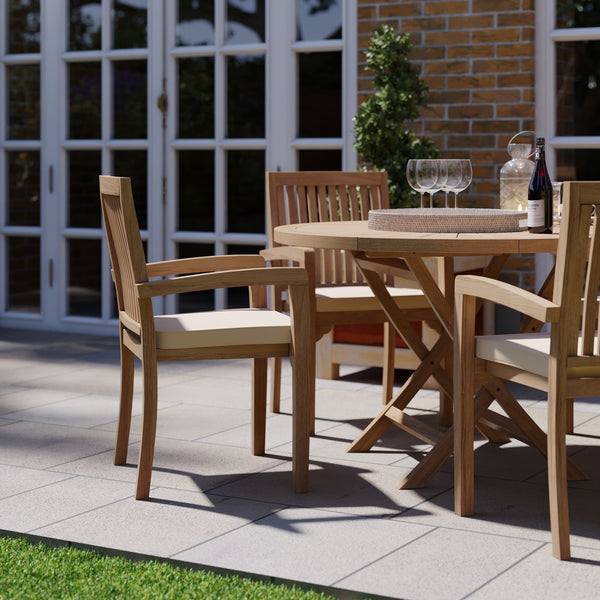 Teak Garden Furniture Set 120cm Sunshine Round Folding Table, 4cm Top (4 Henley Stacking Chairs) Cushions included.