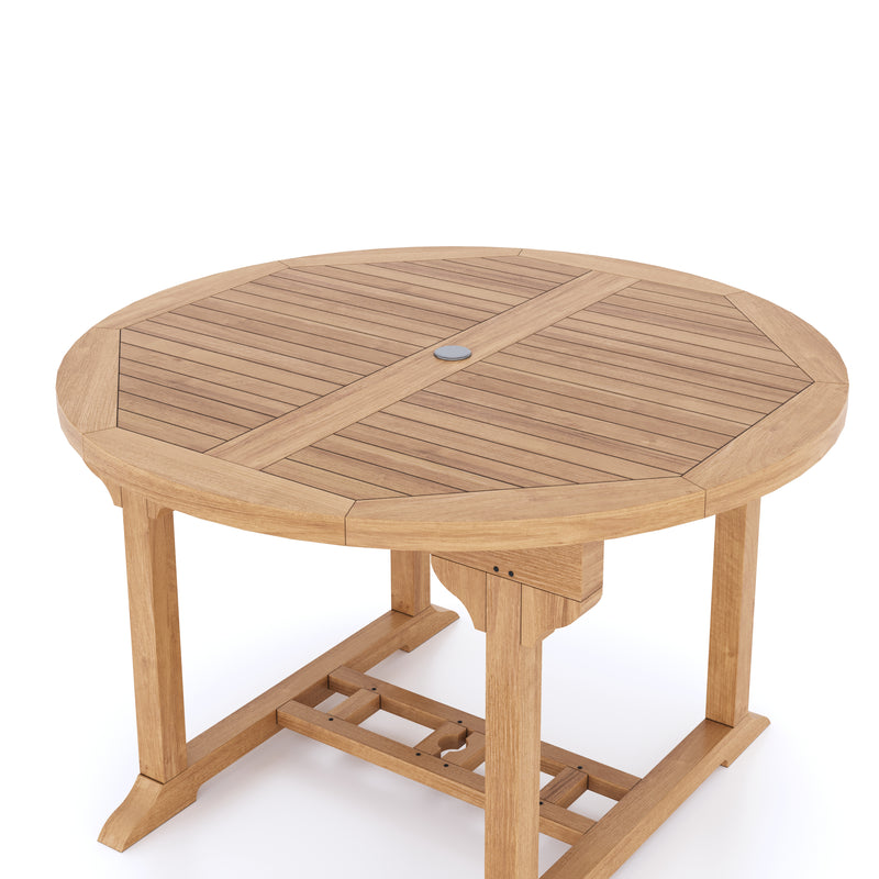 Teak Garden Furniture Round To Oval 120-170cm Extending Table, 4cm Top (6 Stacking Chairs) cushions included.