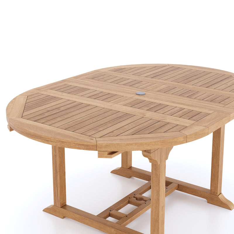 Teak 4cm Top Round To Oval 120-170cm Extending Table (4 Henley Stacking Chairs 2 San Francisco Chairs) Cushions included.