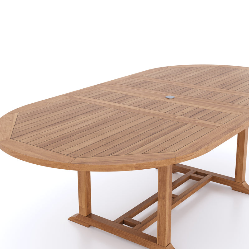 Teak 180-240cm Oval Extending Table 4cm Top (6 Oxford Stacking Chairs 2 San Francisco Benches) Cushions included.