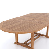 Teak Garden Furniture 2-3m Extending Table 4cm Top (6 Stacking Chairs 2 San Francisco Benches) Cushions included.